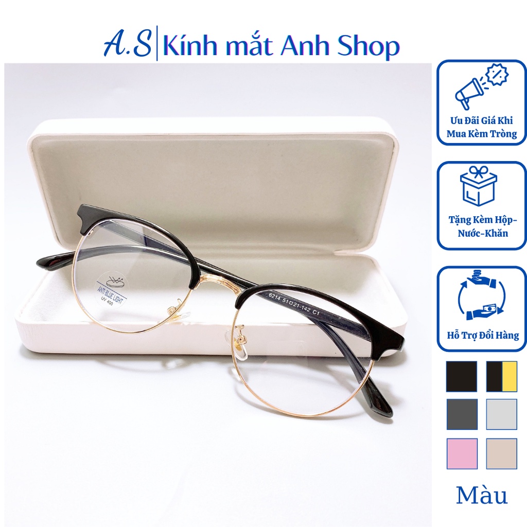 Gọng kính cận tròn nam nữ chất liệu nhựa dẻo kết hợp kim loại nhận cắt tròng cận viễn loạn 6214