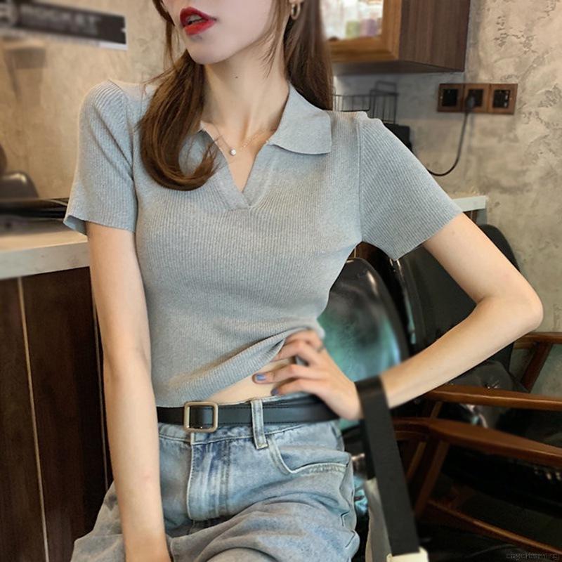 Áo Phông Áo Croptop Áo Thun Dệt Kim Tay Ngắn Cổ Chữ V Màu Trơn Thanh Lịch