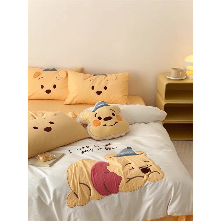 Bộ Chăn Ga Gối 5 Món mẫu GẤU POOH -  Cotton Linen Họa Tiết Hoạt Hình Disney Dễ Thương