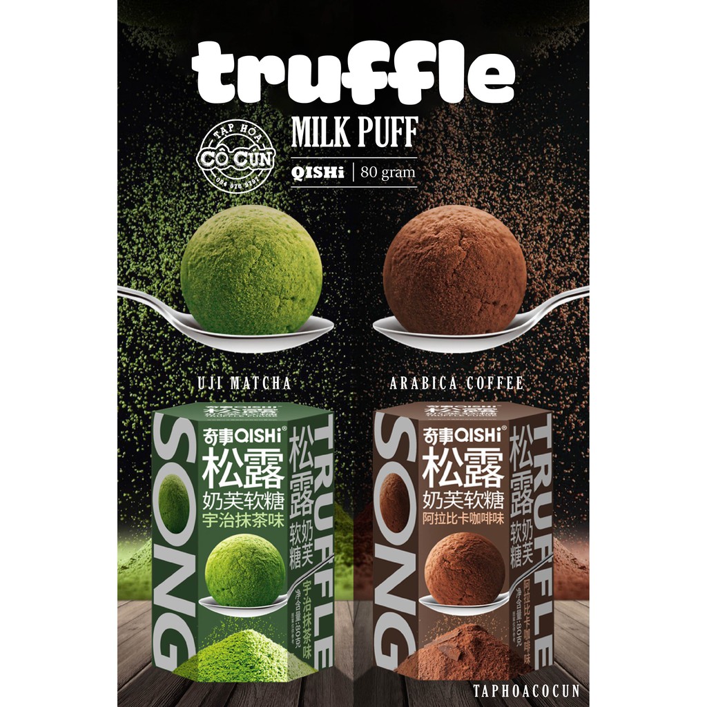 KẸO TRUFFLE QISHI - Kẹo mềm thạc jelly - hộp 80g, 2 vị trà xanh và cà phê