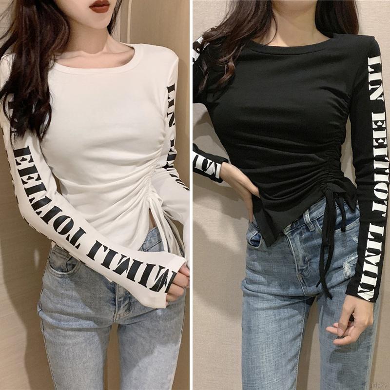Áo Thun Tay Dài Ôm Dáng Rút Dây In Chữ Phong Cách Hàn Quốc Cho Nữ