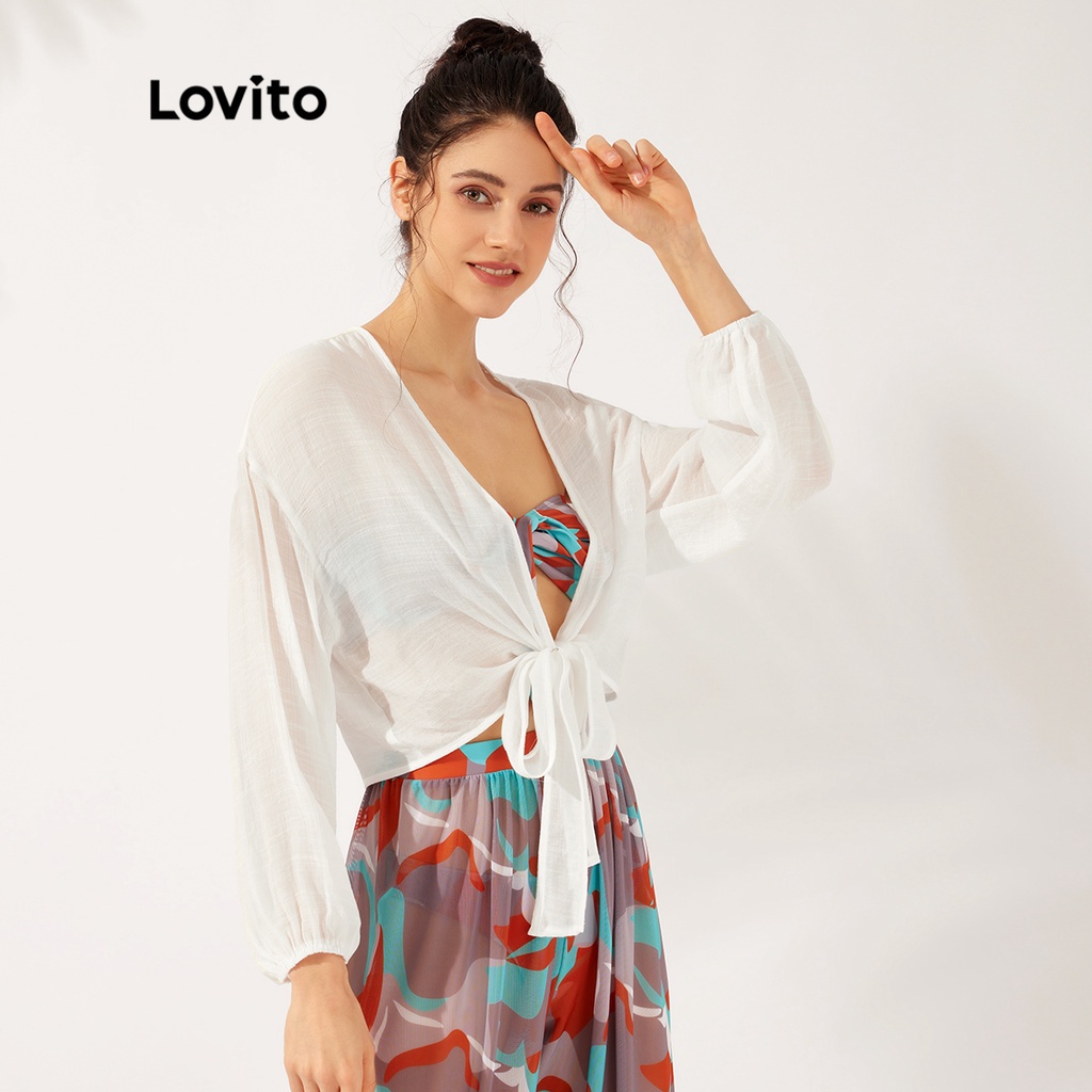 Áo choàng Lovito màu trơn xuyên thấu phối dây buộc phía trước thanh lịch L23AD090 (màu trắng)