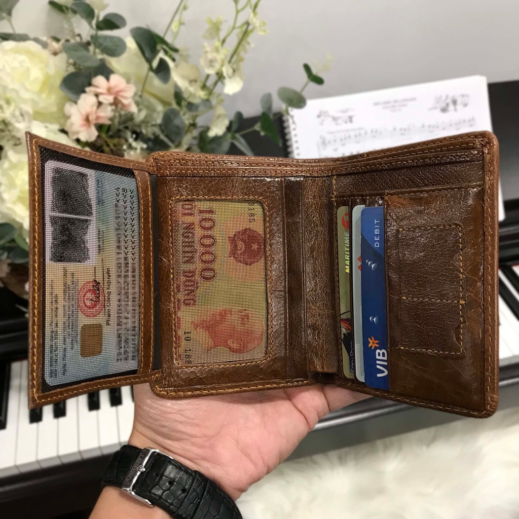 Ví Nam  Dáng Đứng  Da Bò Thật Đốt Không Cháy LT84  Có Khe Để Thẻ Nhớ, Ngăn Khóa Tiện Dụng