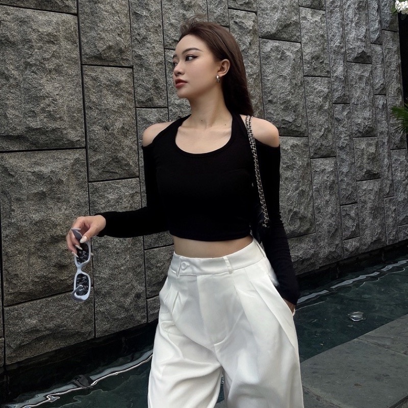 Áo croptop tay dài trễ vai tròng cổ