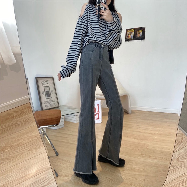 Quần jean ống rộng lưng cao xẻ tà thiết kế mới thời trang theo phong cách hàn quốc cho nữ