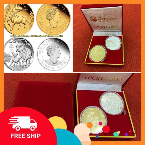 [Combo 2] Tiền lì xì tết 2021 Tân Sửu Bộ sản phẩm tiền hình con trâu Úc mạ vàng bạc 2021 sang trọng kèm hộp nhung
