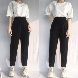Áo thun trắng tay lỡ   mix nhẹ quần tây Baggy đẹp xỉu lên xỉu xuống luôn hà ( quần đủ size S M L XL XXL ) đi học đi chơi