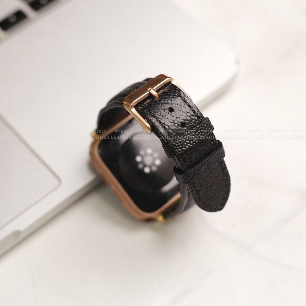 Dây da đà điểu thủ công đen dành cho Apple Watch, đồng hồ thông minh, đồng hồ cơ