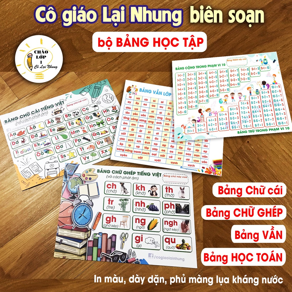 Bảng chữ cái tiếng Việt, chữ ghép, bảng vần, bảng cộng trừ học Toán