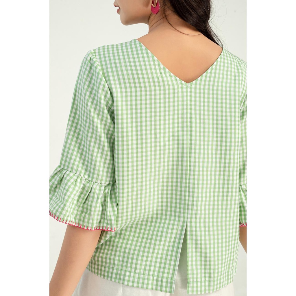 SWANLAKE | Áo Kiểu Trung Niên Nữ Tay Loe Cổ Rộng Kiểu Đột Chỉ Chất Cotton Caro Mềm, Mát Thanh Lịch - MÃ: A10242LW01