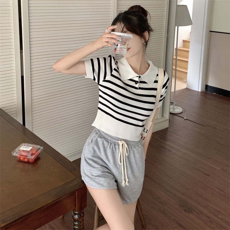 [hàng giá thấp]Áo croptop dệt kim tay ngắn cổ polo thời trang Hàn Quốc thanh lịch