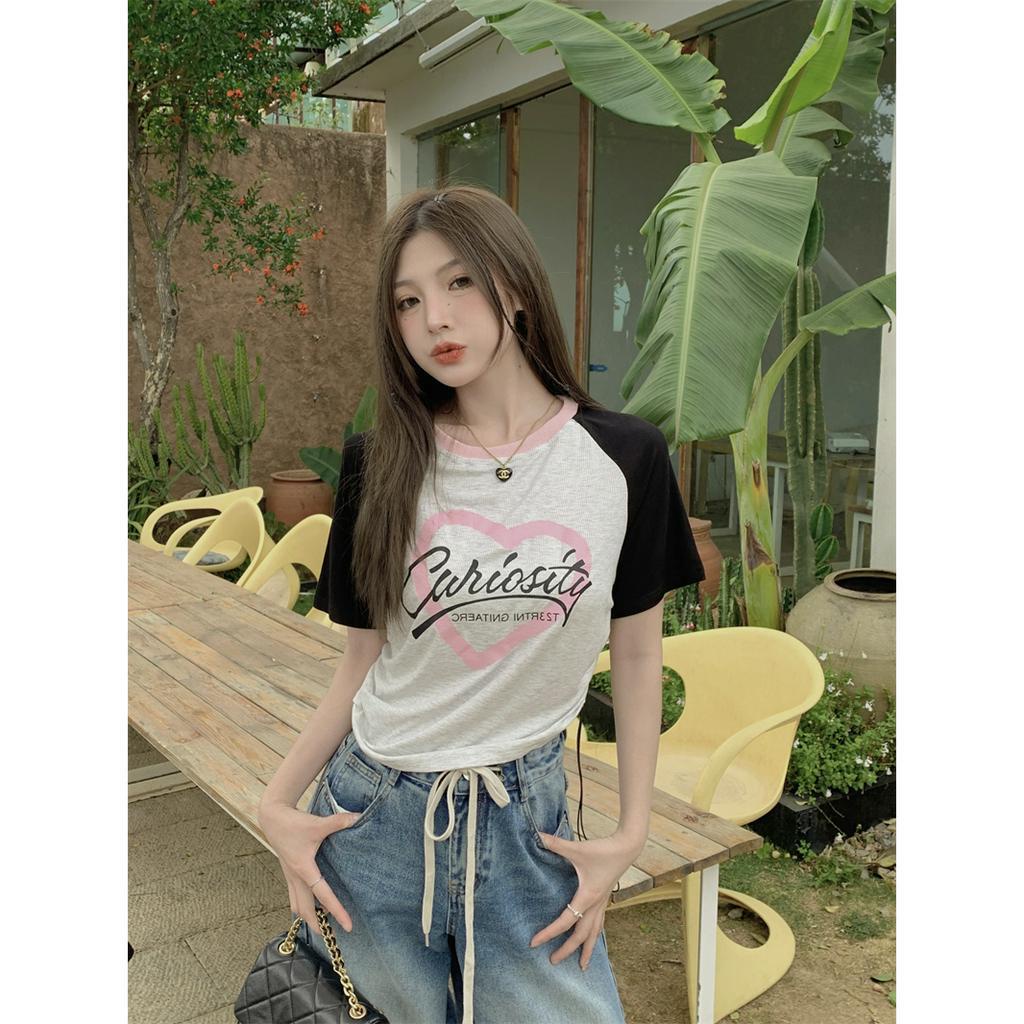 Áo Chui Đầu Tay Ngắn Cổ Tròn Phối Dây Rút In Họa Tiết Xinh Xắn