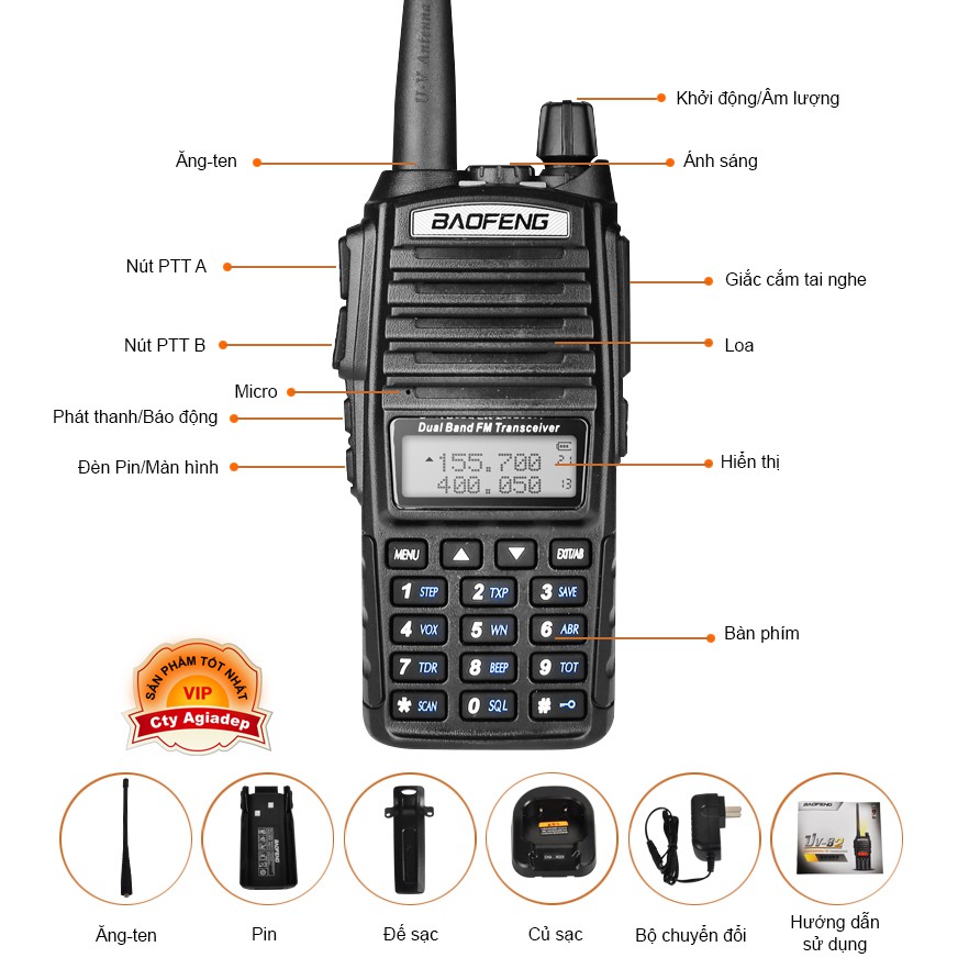 COMBO 2 Bộ đàm hàng hiệu Baofeng nổi tiếng, có bàn phím, nghe gọi tiện lợi V82 - Tặng 2 tai nghe chính hãng