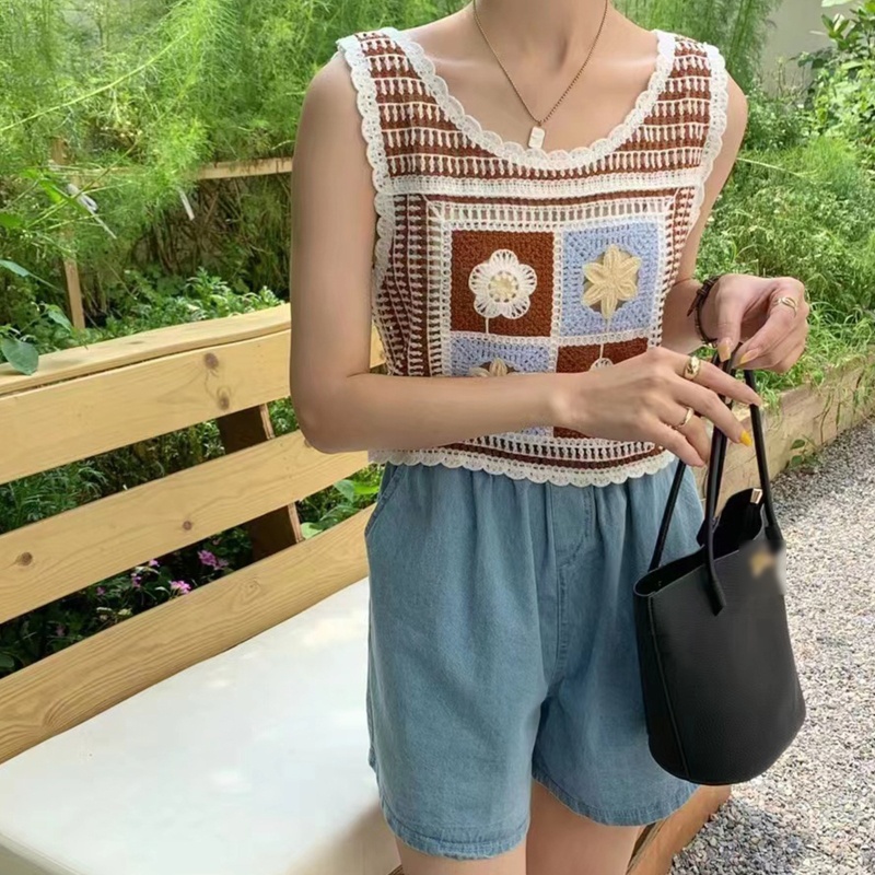 Áo Croptop Dệt Kim Sát Nách Thêu Họa Tiết Hoa Màu Sắc Tương Phản Thời Trang Mùa Hè Cho Nữ