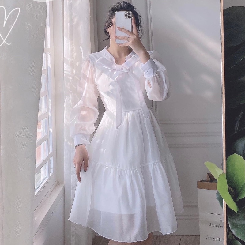 Đầm váy trắng tầng nơ cổ tay dài