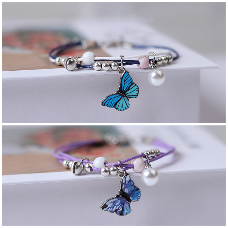 BUTTERFLY CHARMS Vòng Tay Nhiều Sợi Mặt Hình Bướm Đính Ngọc Trai Phong Cách Hàn Quốc