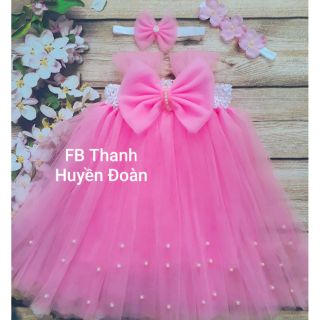 Váy công chúa hồng nơ đính hạt chân váy