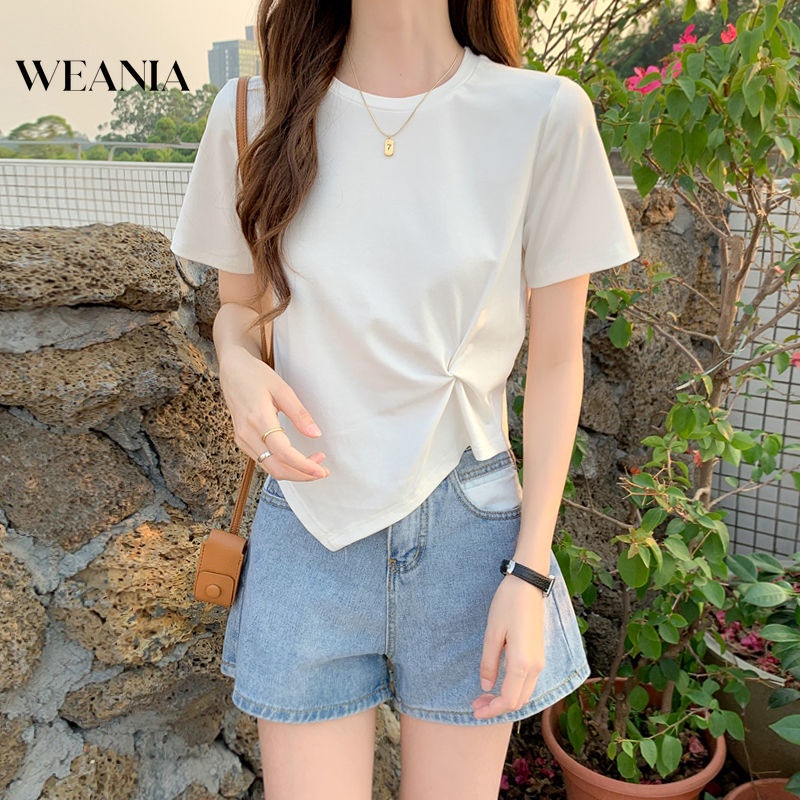 Áo Thun Ngắn Tay Màu Trơn Xếp Ly Thời Trang Cho Nữ