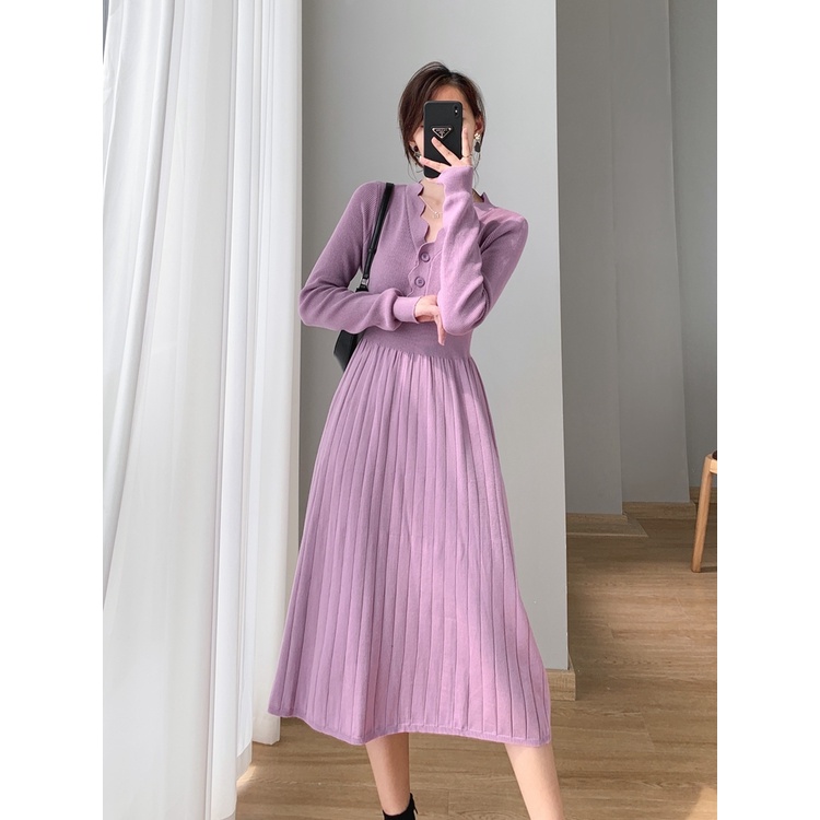 Đầm ZHELIHANGFEI dệt kim tay dài cổ chữ V thời trang dành cho nữ