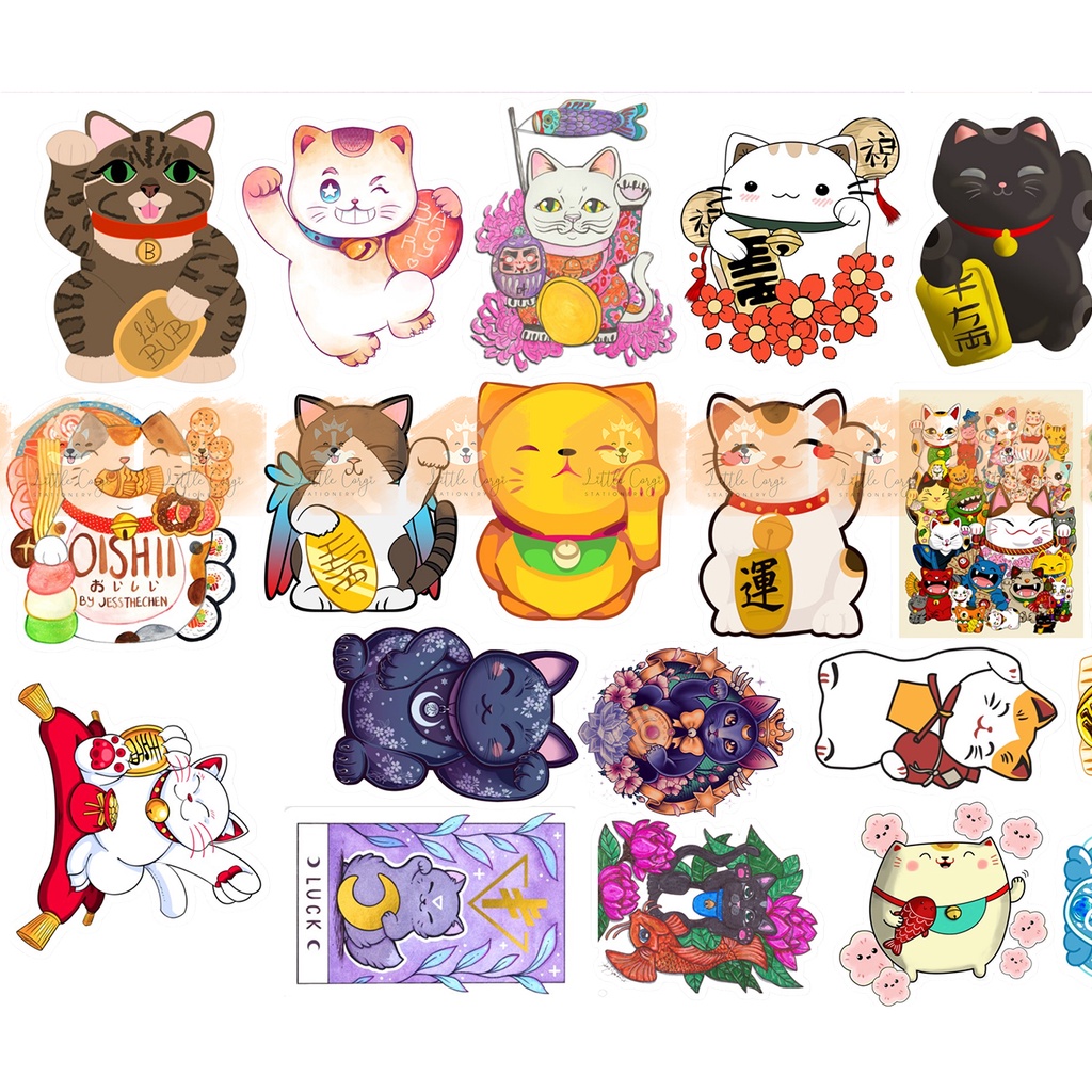 Set 20 hình dán sticker mèo thần tài, lucky cat, Maneki Neko dễ thương trang trí sổ tay, toploader, máy tính