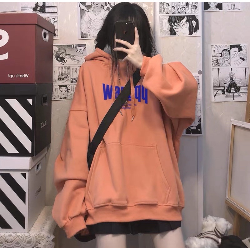Áo Hoodie Nỉ Bông Tay Dài Chữ Wangqq Kèm Clip Thật