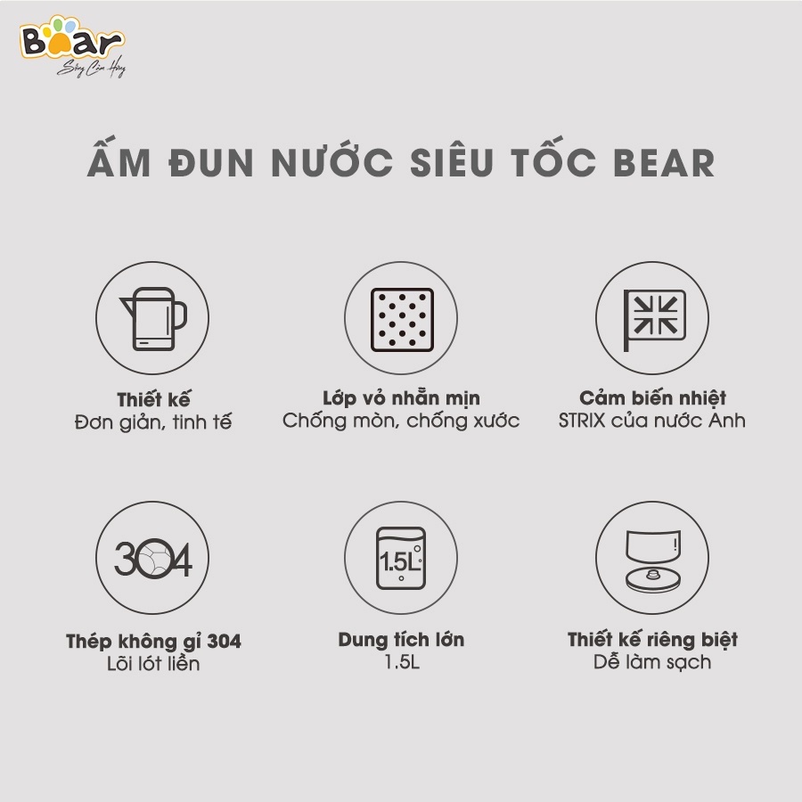 Bình ấm đun siêu tốc công suất lớn sôi nhanh trong 5 phút Bear ZDH-B15T1