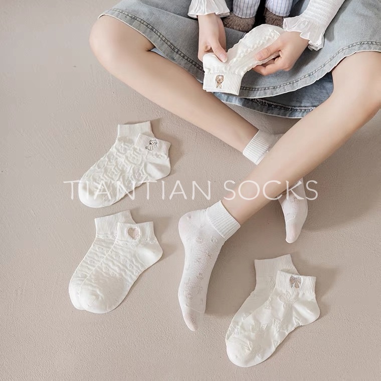TIAN TIAN T163 Vớ Cotton cổ ngắn Cổ Thấp Đính Nơ Họa Tiết Gấu Hoạt Hình Dễ Thương Phong Cách Nhật Bản Thời Trang Cho Nữ