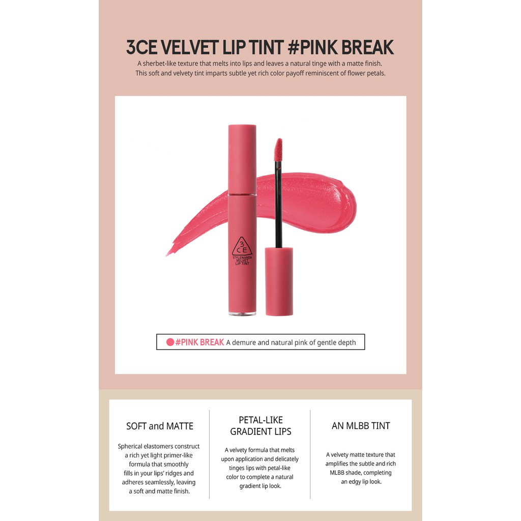 [CHÍNH HÃNG] Son Kem Lì 3CE Velvet Lip Tint Hồng Đào Pink Break