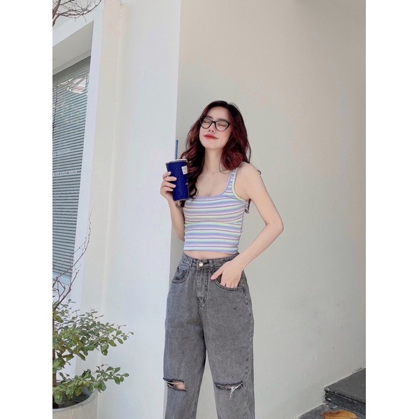 Quần Jean Nữ Aiori Fashion Baggy Lưng Cao Rách Gối Màu Xám Quần Bò Trơn Cạp Cao Phong Cách Thời Trang Hàn Quốc_Mã 091