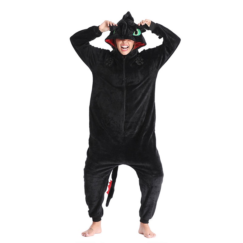 Bộ Đồ Ngủ Liền Thân Bằng Vải Flannel Màu Đen Có Khóa Kéo Dành Cho Nam Nữ