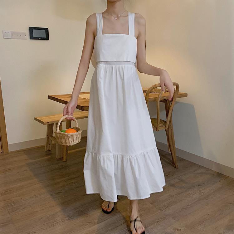 Đầm Dài Qua Gối Hai Dây Thắt Nơ Lưng Phong Cách Hàn Quốc Dành Cho Nữ