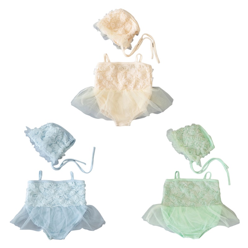 Set 2 Món Đầm Ren + Mũ Dễ Thương Làm Phụ Kiện Chụp Ảnh Cho Bé Gái Sơ Sinh