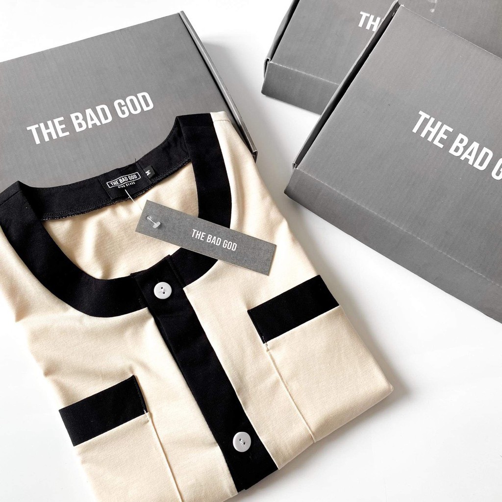 Áo sơ mi phối be The Bad God , sơ mi ngắn tay cài khuy nam nữ unisex