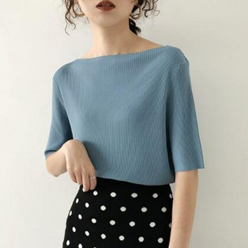 Áo thun lụa lạnh mỏng tay ngắn hở vai cổ ngang phong cách hè thời trang Hàn Quốc  cho nữ