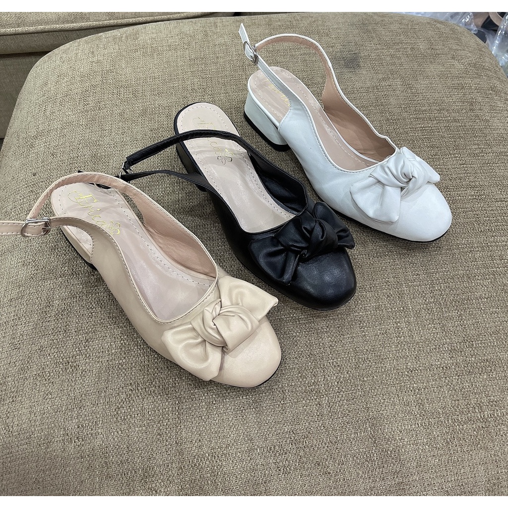 Sandal nơ phồng bít mũi quai cài sau gót trụ thấp - 3P