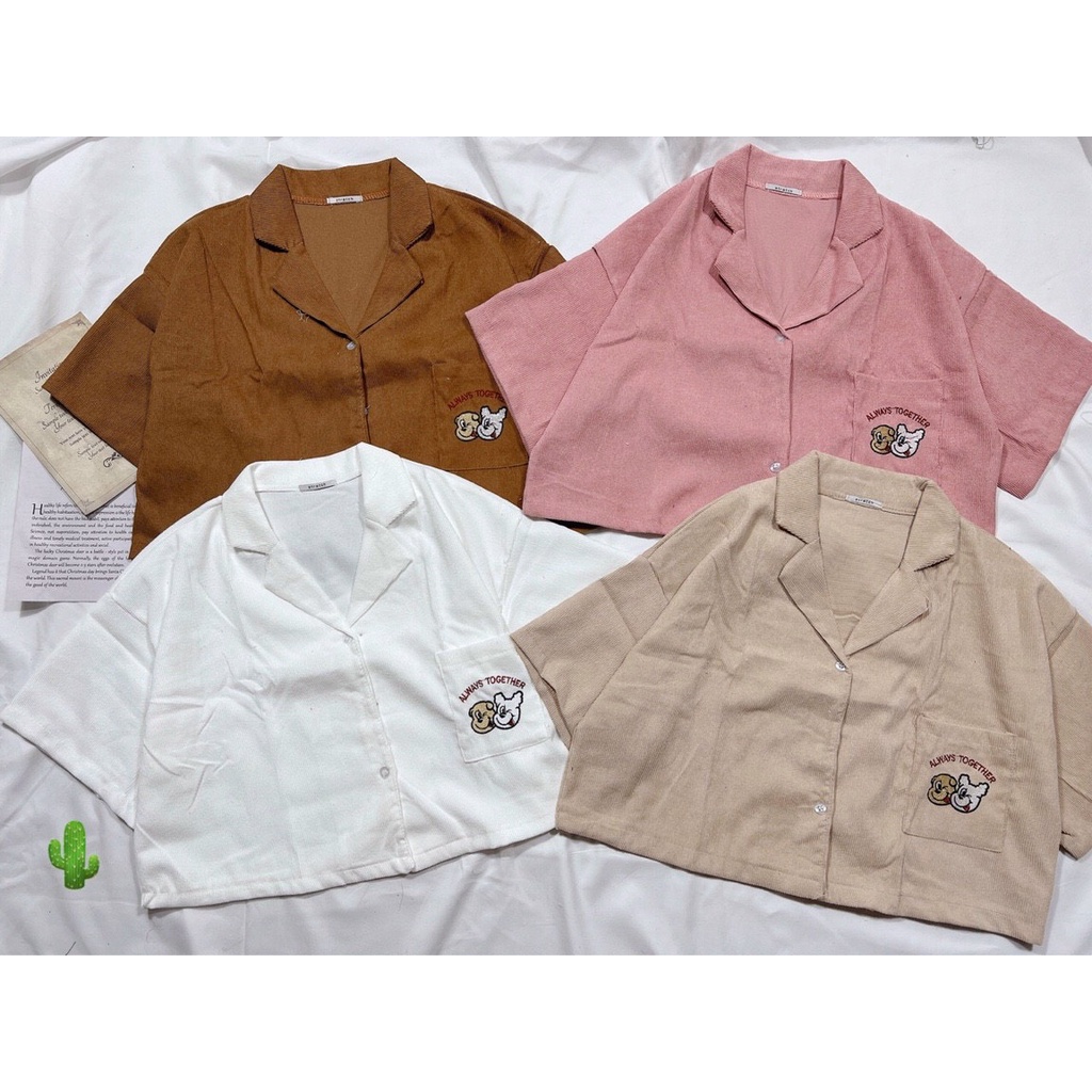 áo croptop cổ vest chất tăm nhung thêu gấu p