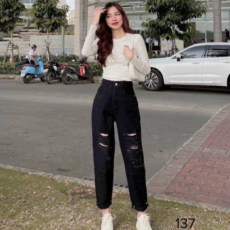 [RẺ VÔ ĐỊCH] Quần jeans nữ baggy rách cạp cao may gấu