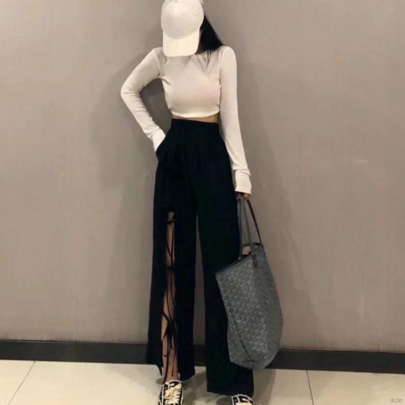 Quần Dài Lưng Cao Dáng Rộng Thiết Kế Xẻ Thanh Lịch