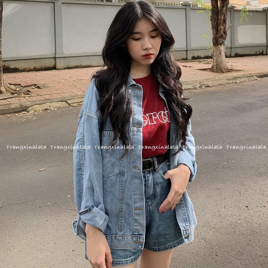Áo Khoác Bò Túi Hộp Trơn - Áo Khoác Jean Nữ Dài Tay Oversize Phong Cách Ulzzang Trẻ Trung, Năng Động Chất Siêu Đẹp