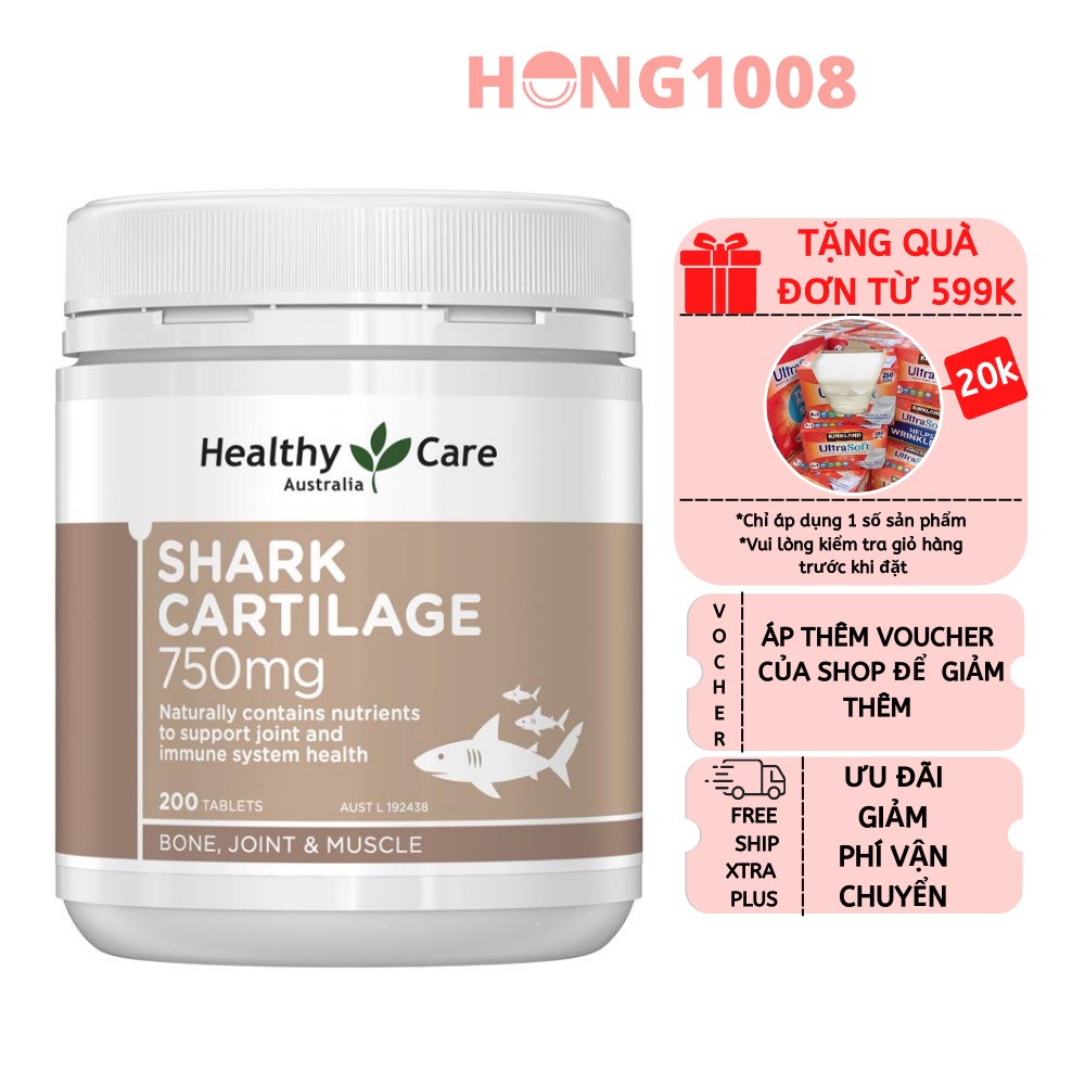 Viên uống Shark Cartilage 750mg Sụn Vi Cá Mập Healthy Care 200 viên - Hỗ trợ xương khớp