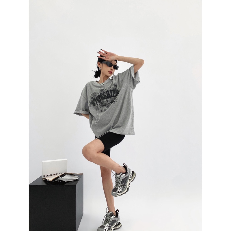 COZOK Áo Thun Tay Ngắn Dáng Rộng In Hình Bọt Biển Thời Trang