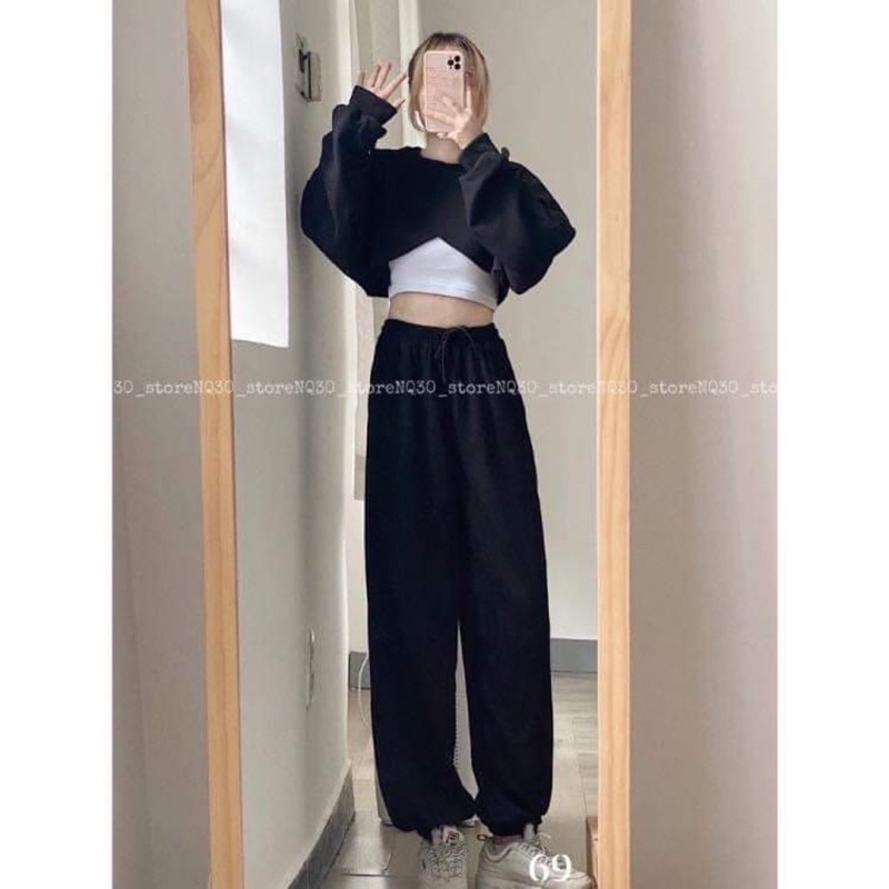 Set Croptop Tay Bồng Quần Bo Chun- Set 3 Món Tay Phồng Quần Nỉ Ulzzang