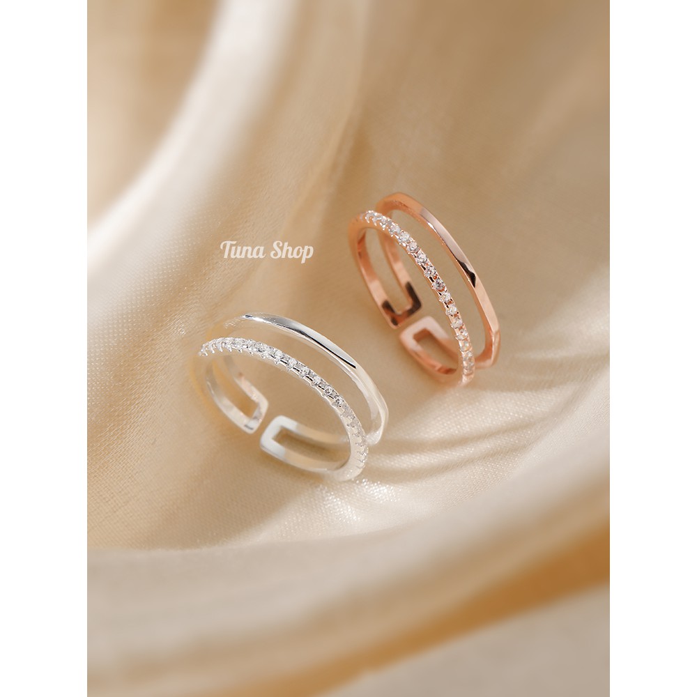 Nhẫn Bạc gắn đá 2 tầng, Nhẫn bạc nữ xinh cao cấp TUNA SILVER Trang sức Bạc