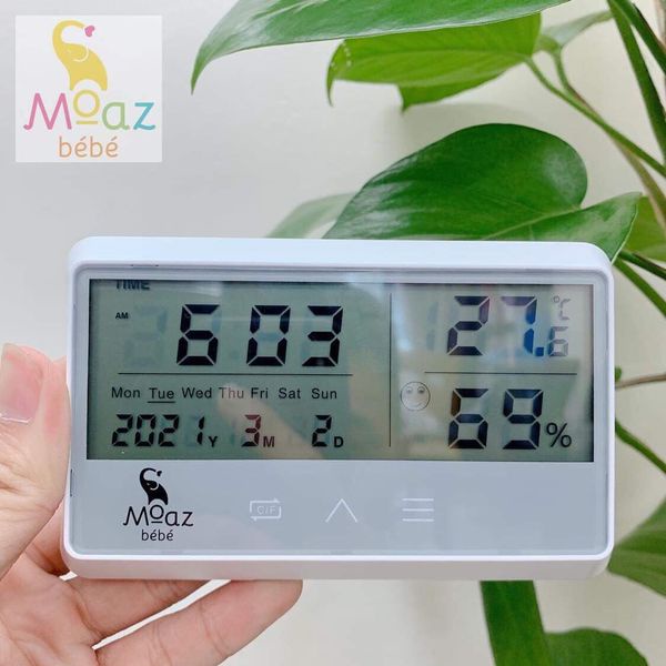 [BH CHÍNH HÃNG 1 NĂM] Nhiệt kế đo độ ẩm và nhiệt độ phòng, đồng hồ báo thức MOAZ BEBE MB-027 &quot;Nhiệt kế đa năng''