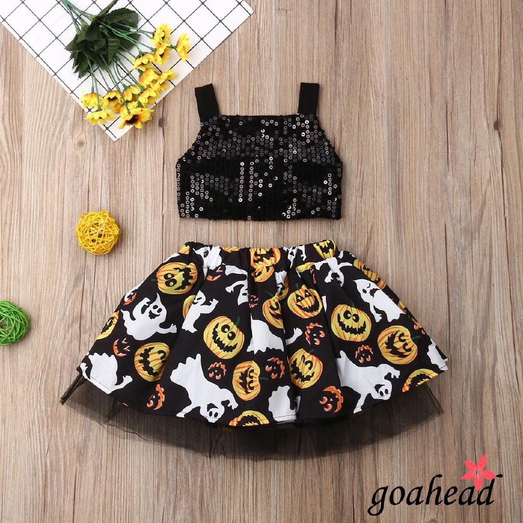 Set áo hai dây phủ kim tuyến kèm chân váy hóa trang Halloween cho bé gái