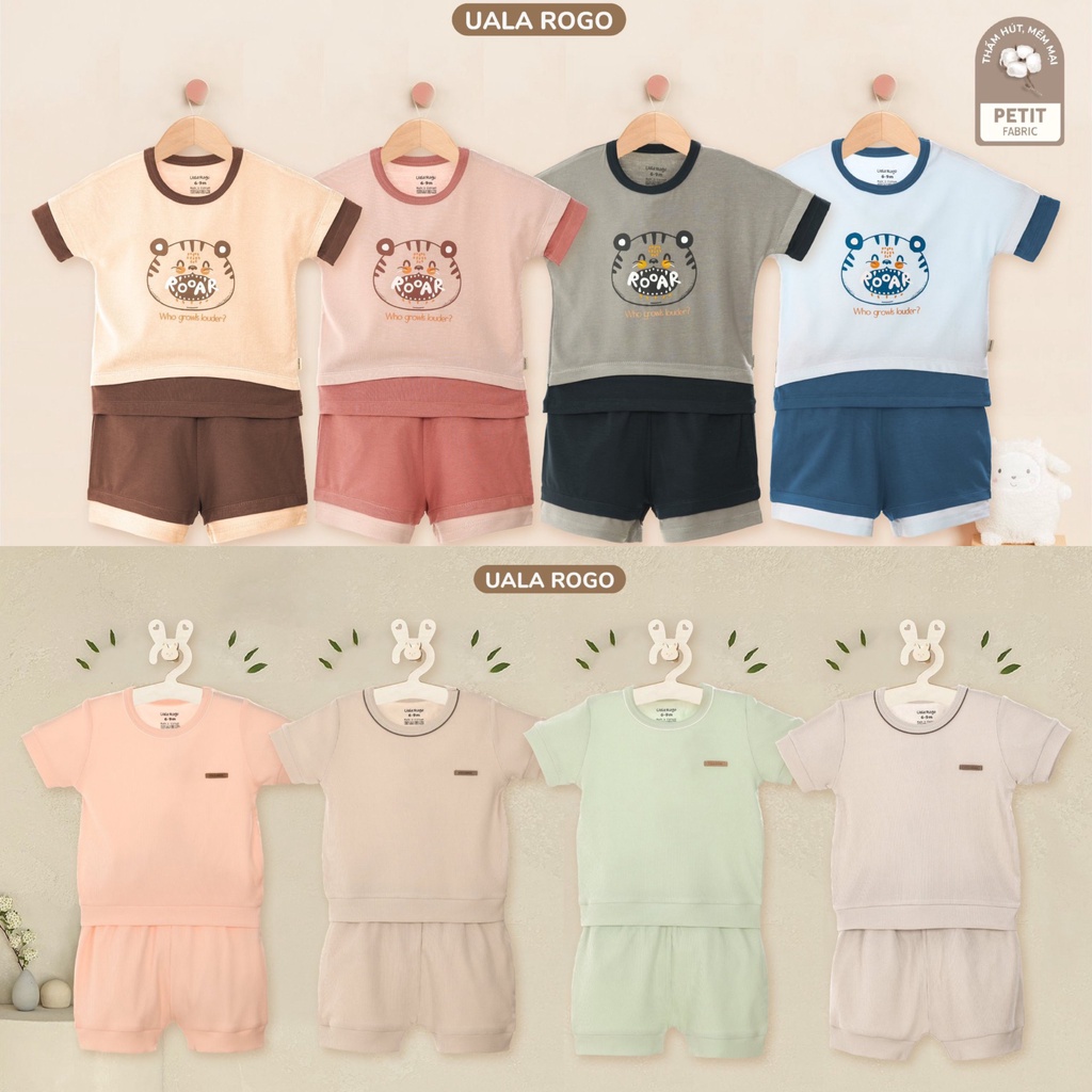 Bộ quần áo bé trai UalaRogo cộc tay 6 tháng đến 4 tuổi cotton tăm cổ tròn
