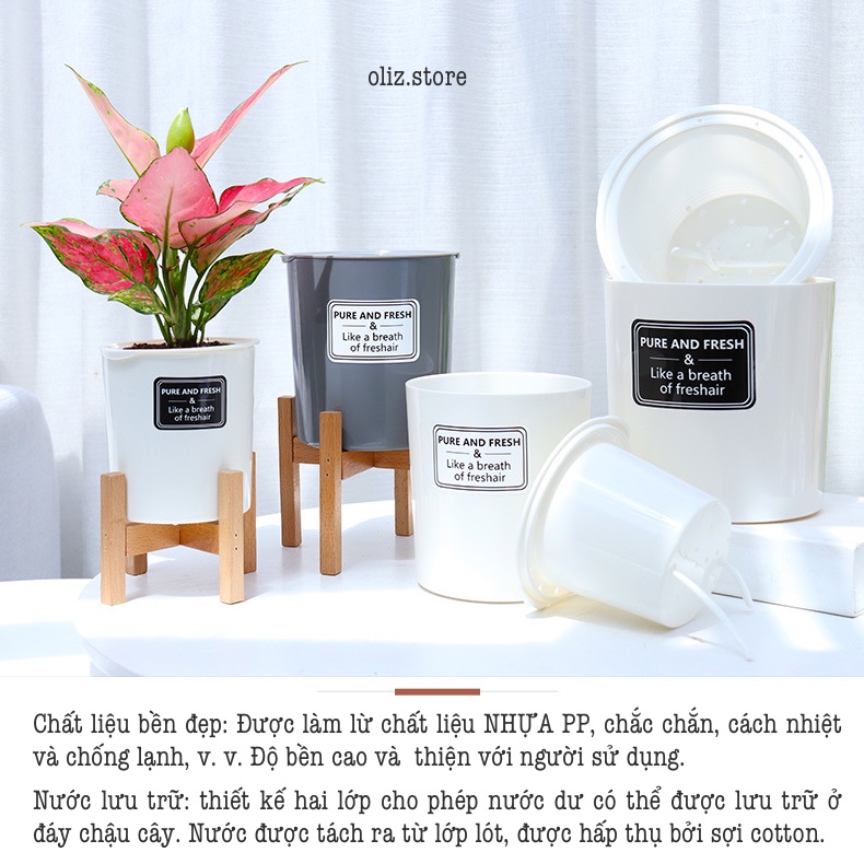 Chậu trồng cây tự tưới Oliz TA0 - Chậu cây để bàn có chân đỡ bằng gỗ, theo phong cách Bắc Âu.