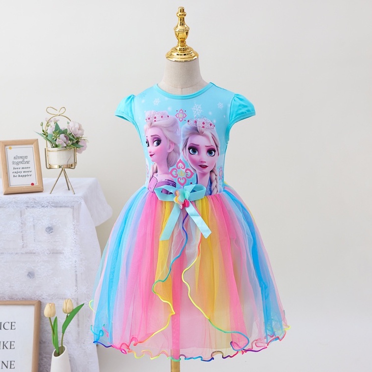 Váy đầm công chúa Elsa xinh xắn với chân váy cầu vồng cho bé 3-8 tuổi