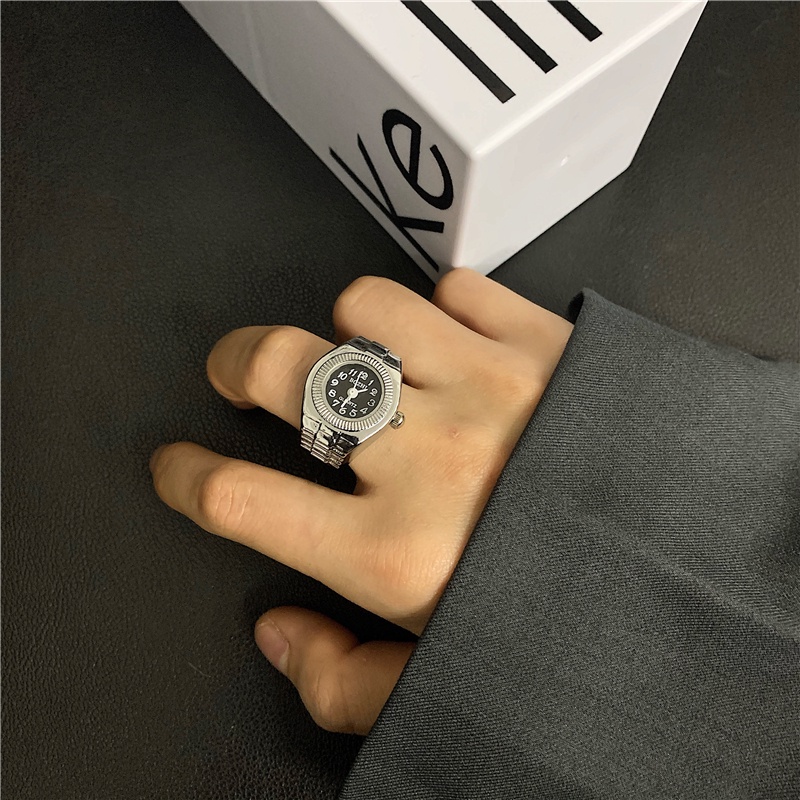 Nhẫn Nam Bạc Đẹp Cá Tính Unisex HipHop Basic Ngầu Trơn Nam Clock Ring Lucifer Store Titan Không Gỉ - Nhẫn Đồng hồ