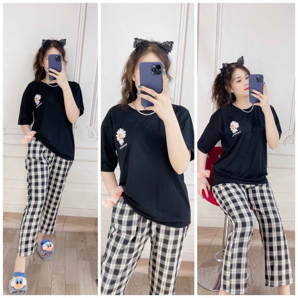 Set đồ nam nữ quần dài caro kate áo thun tay lỡ cotton freesize, set bộ unisex from rộng TAXA OFFICIAL